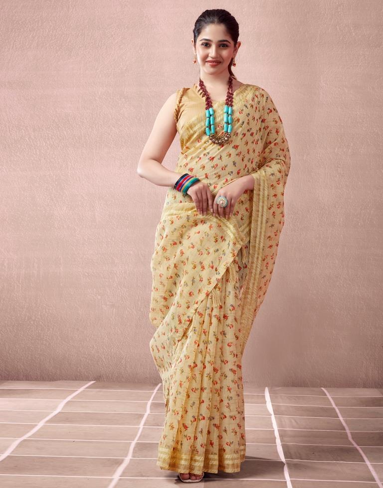Beige Cotton Printed Saree