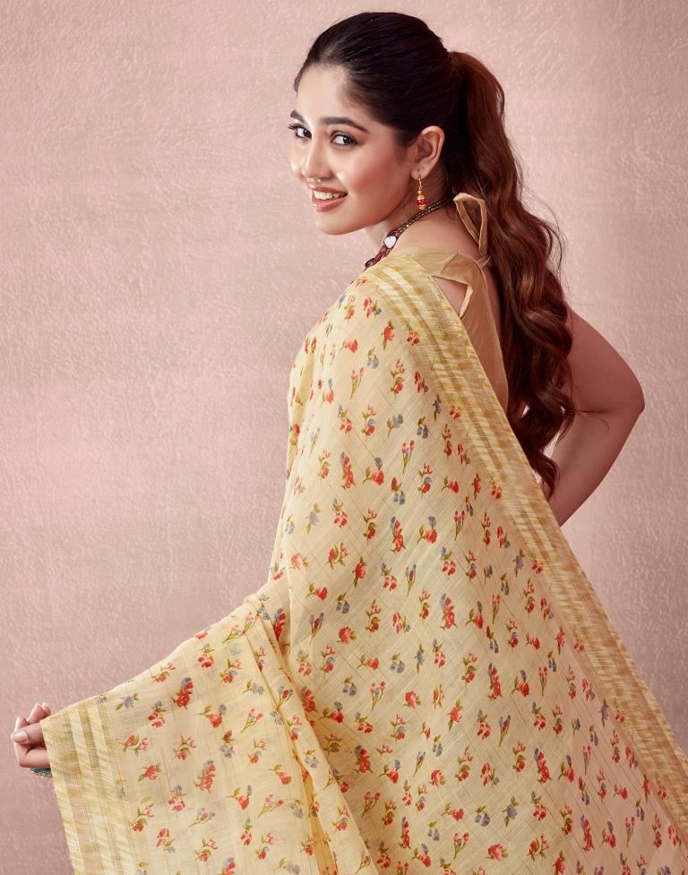 Beige Cotton Printed Saree
