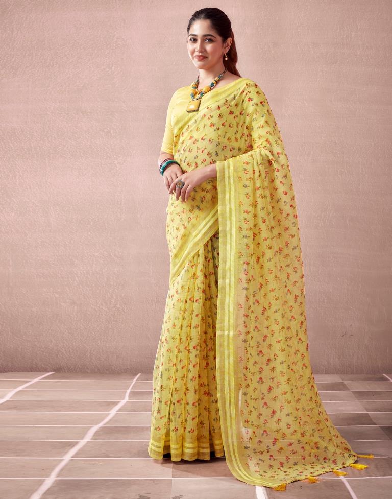 Yellow Cotton Printed Saree