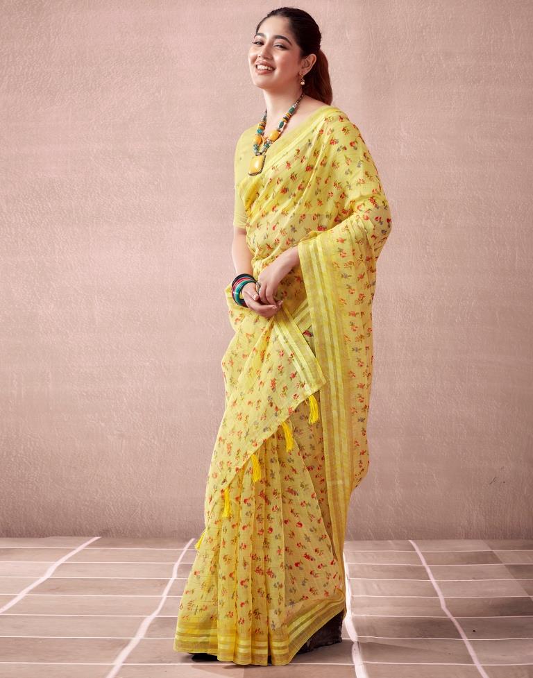 Yellow Cotton Printed Saree