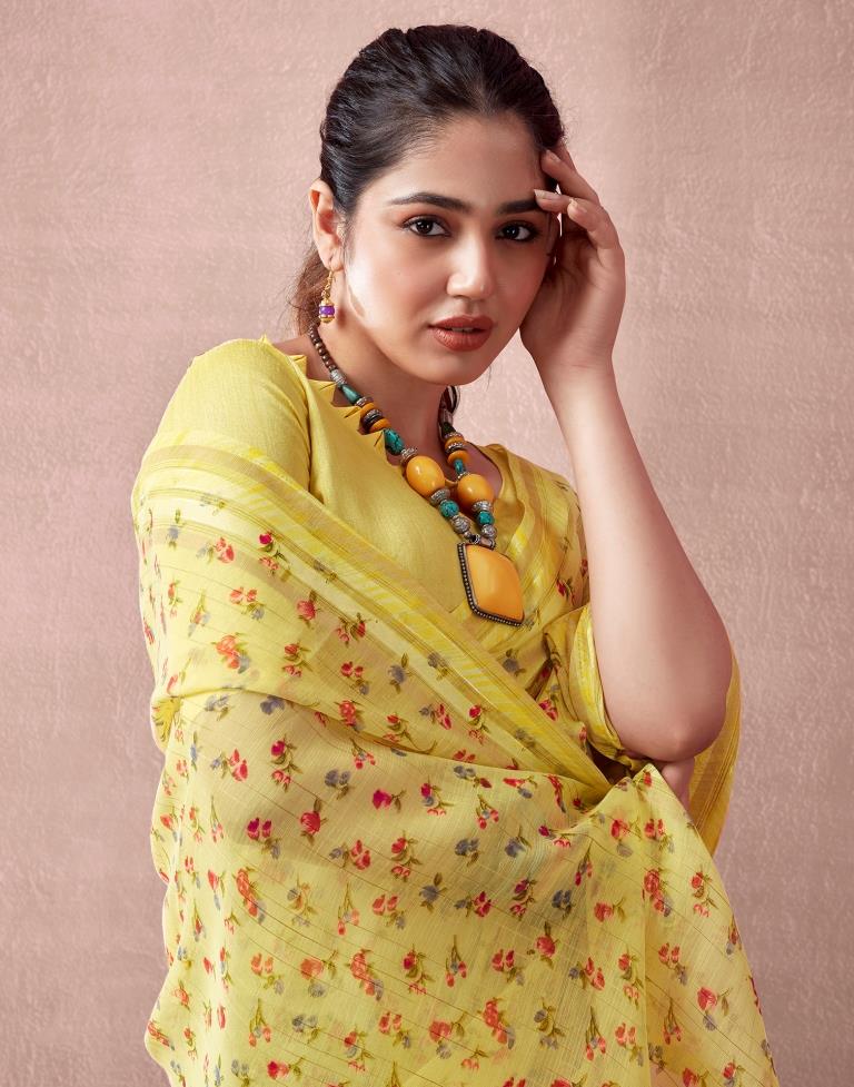 Yellow Cotton Printed Saree