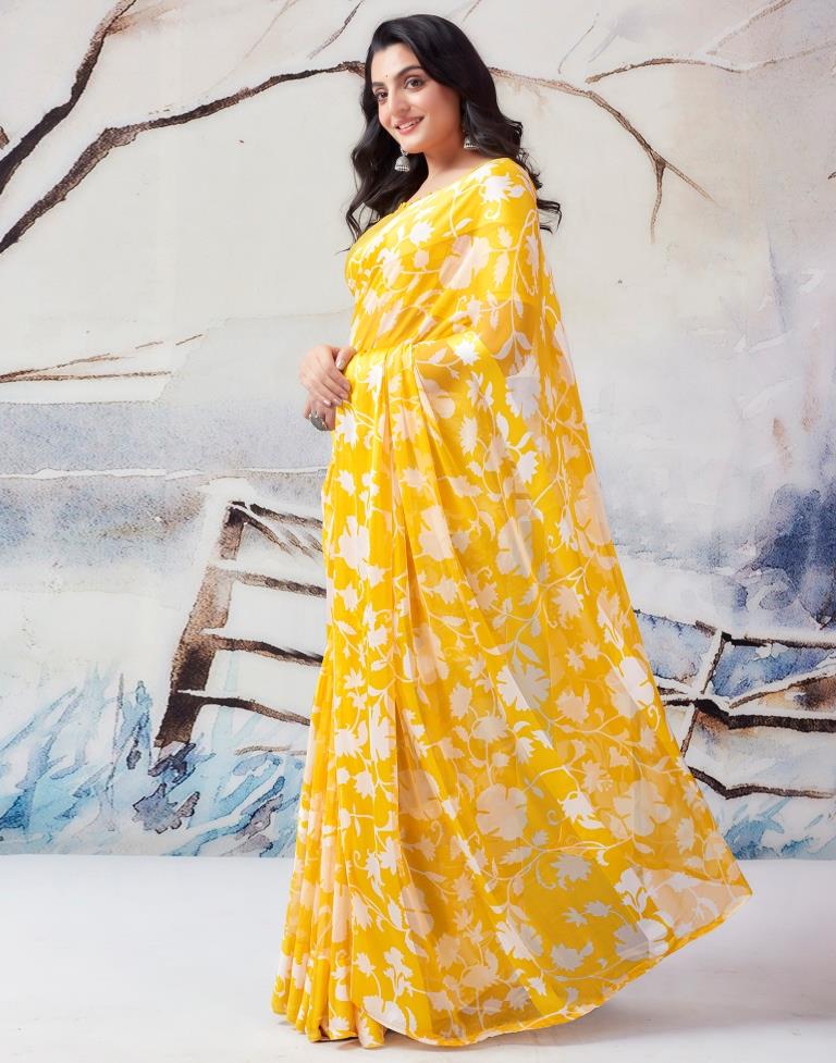Yellow Georgette Printed Saree