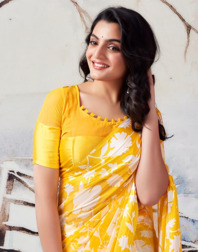 Yellow Georgette Printed Saree