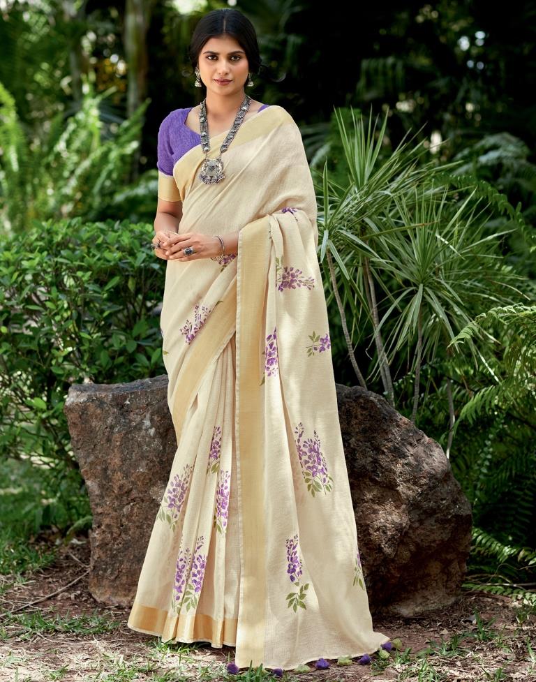 Beige Cotton Printed Saree