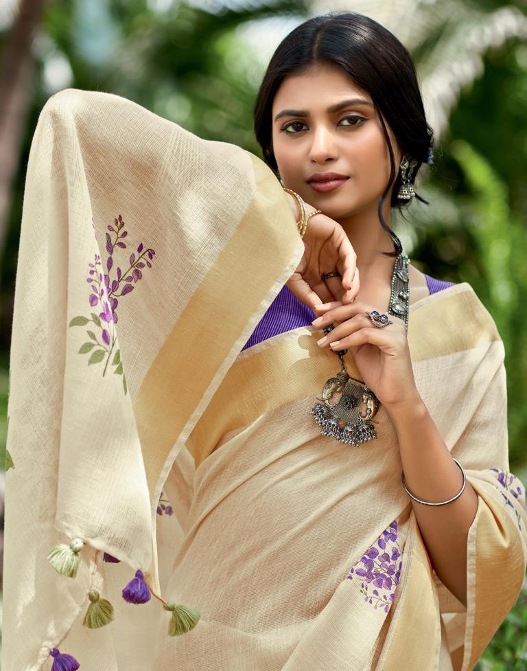 Beige Cotton Printed Saree