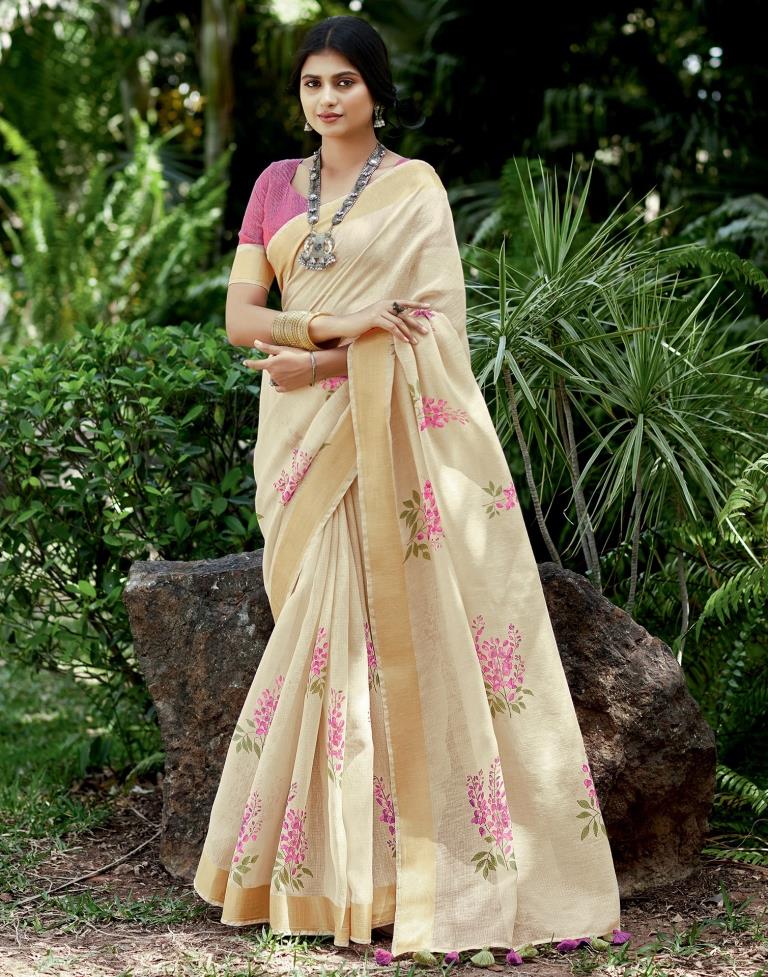 Beige Cotton Printed Saree
