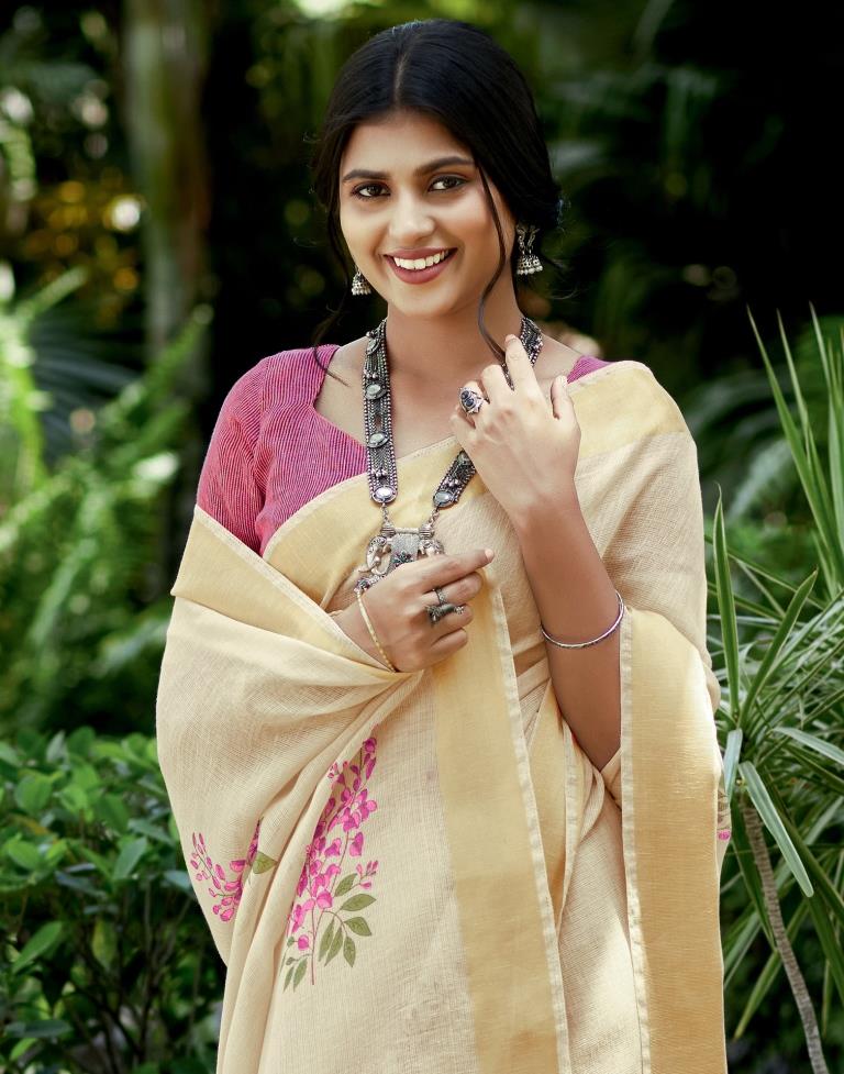 Beige Cotton Printed Saree