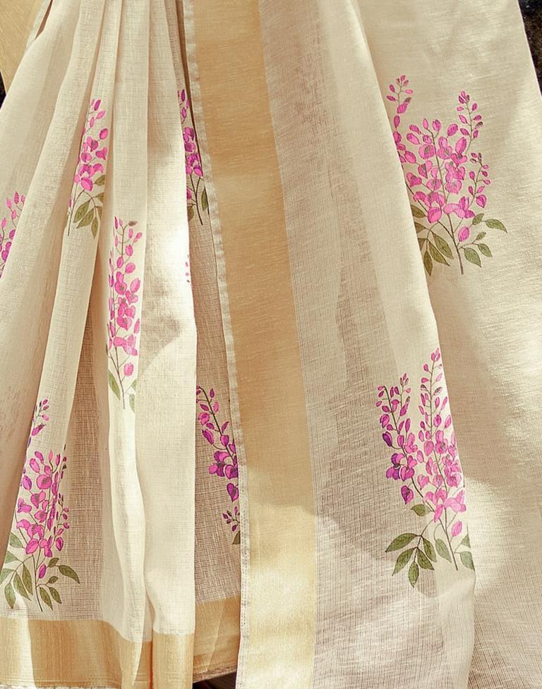 Beige Cotton Printed Saree