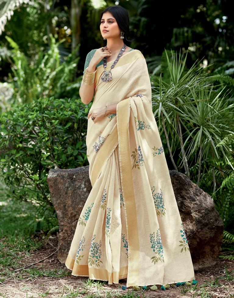 Beige Cotton Printed Saree