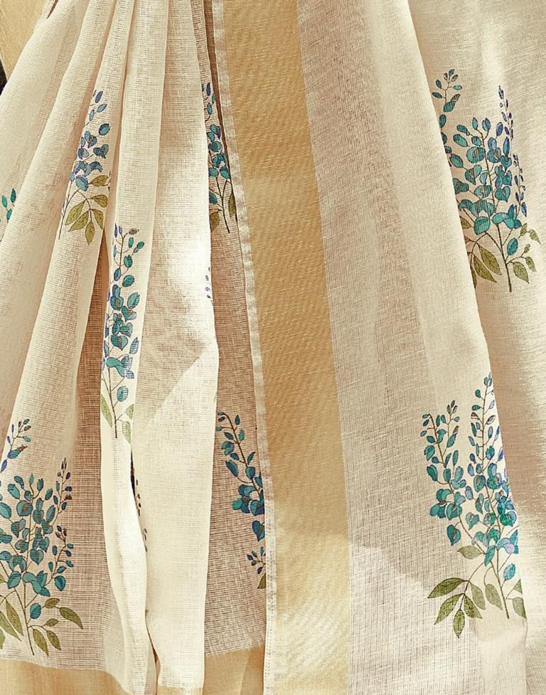 Beige Cotton Printed Saree