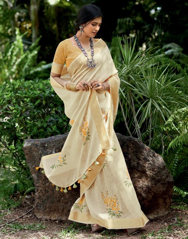 Beige Cotton Printed Saree