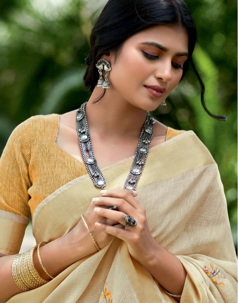 Beige Cotton Printed Saree