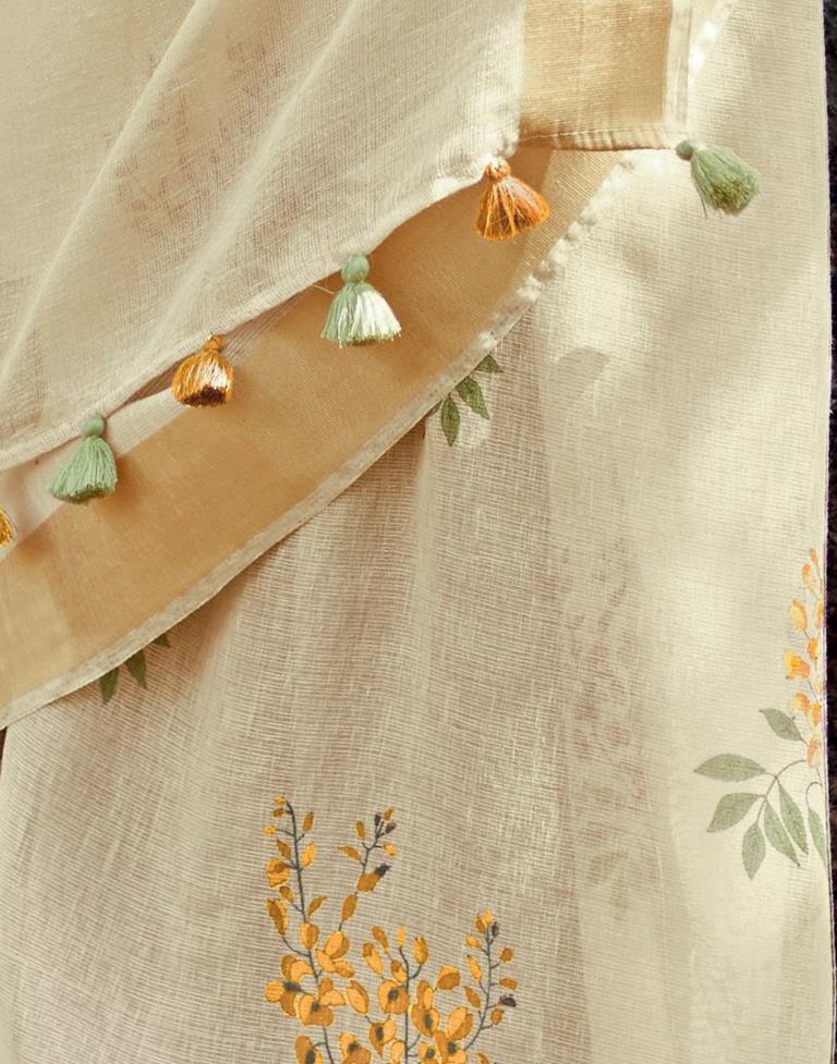 Beige Cotton Printed Saree