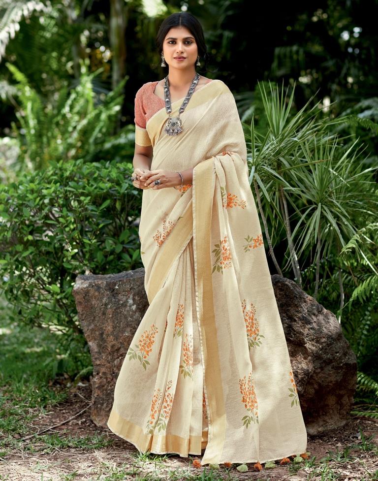 Beige Cotton Printed Saree