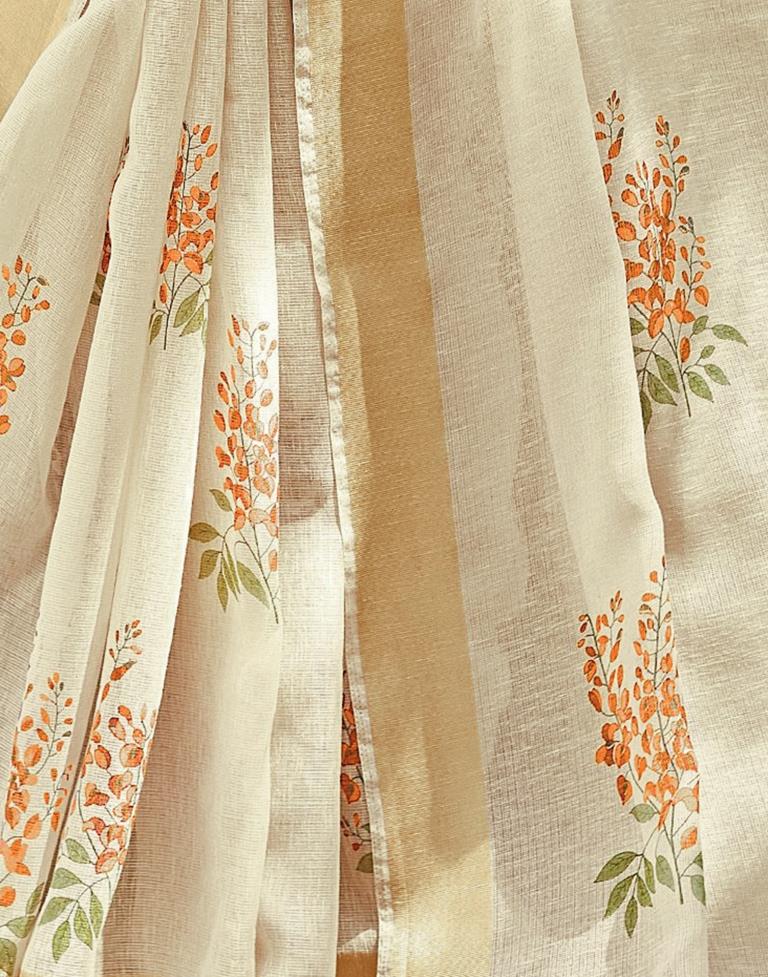 Beige Cotton Printed Saree
