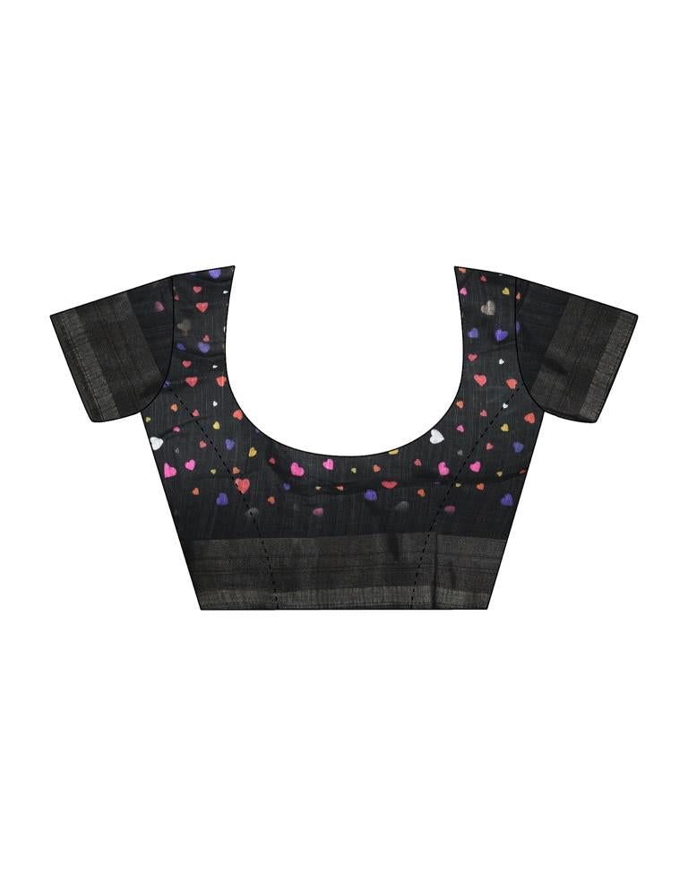 Black & Multicolour Linen Printed Saree
