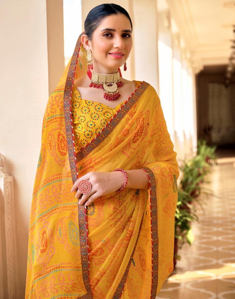 Yellow Chiffon Bandhani Saree