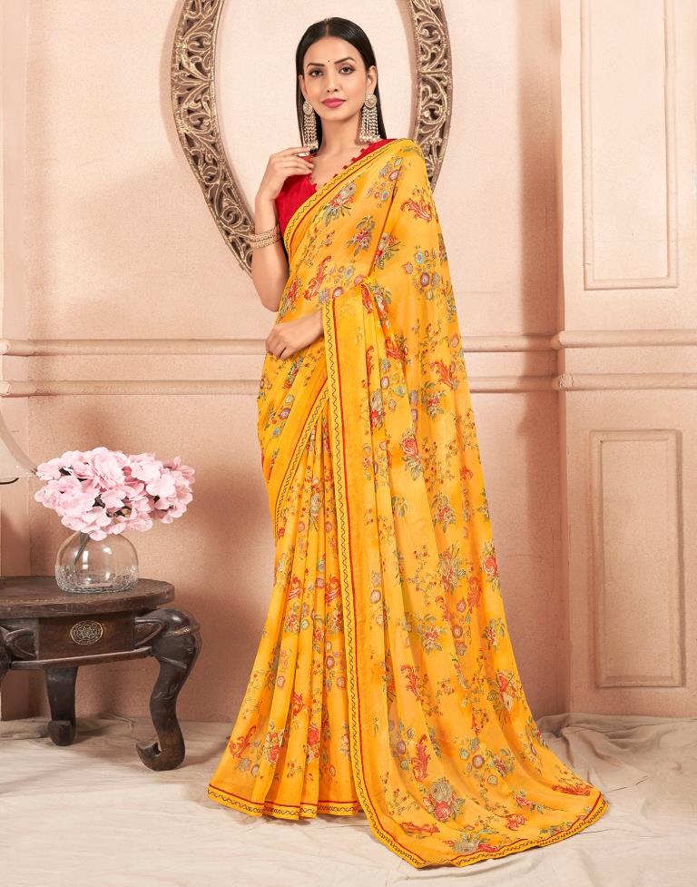 Yellow Chiffon Printed Saree