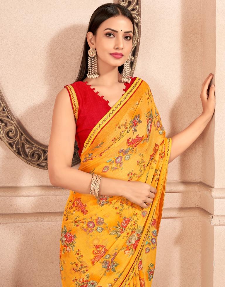 Yellow Chiffon Printed Saree