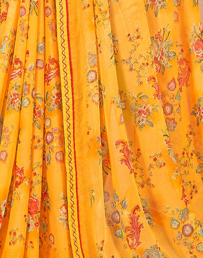 Yellow Chiffon Printed Saree