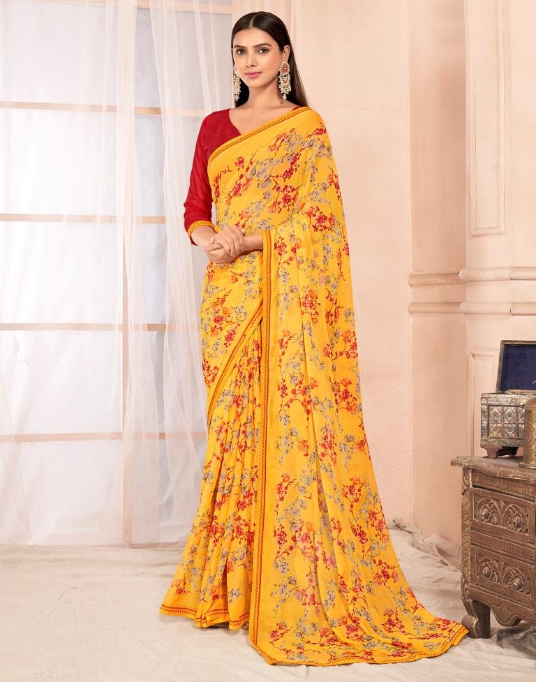 Yellow Chiffon Printed Saree