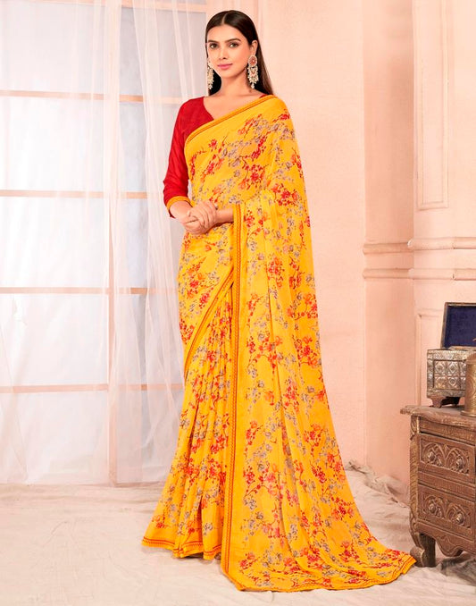 Yellow Chiffon Printed Saree