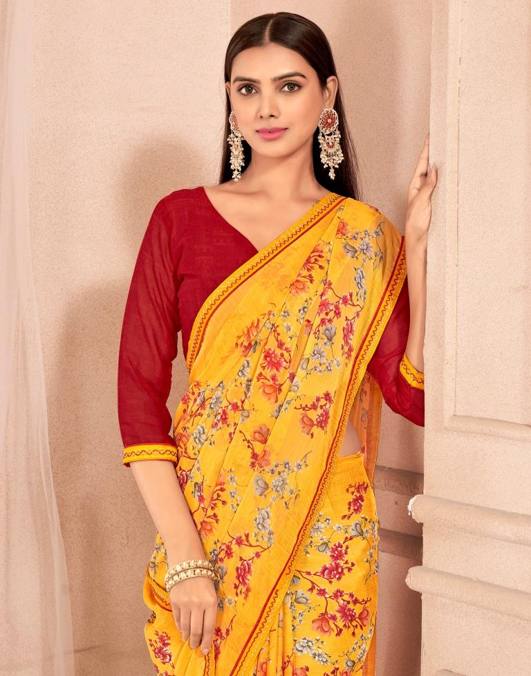 Yellow Chiffon Printed Saree