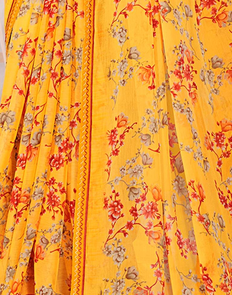 Yellow Chiffon Printed Saree