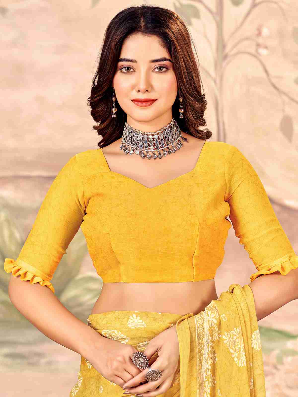 Yellow Chiffon Printed Saree