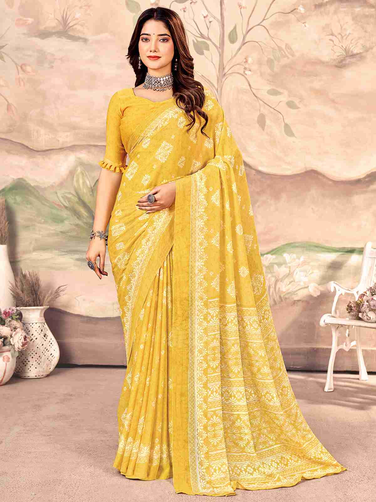 Yellow Chiffon Printed Saree