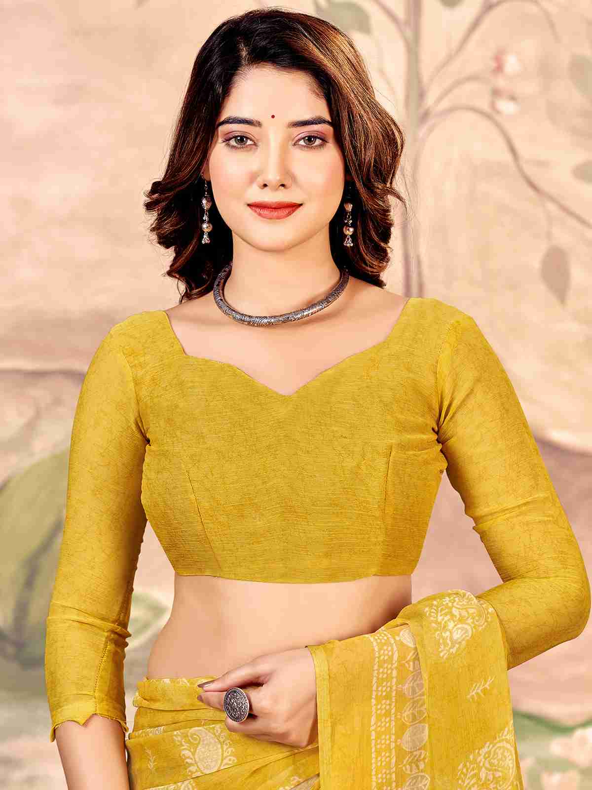 Yellow Chiffon Printed Saree