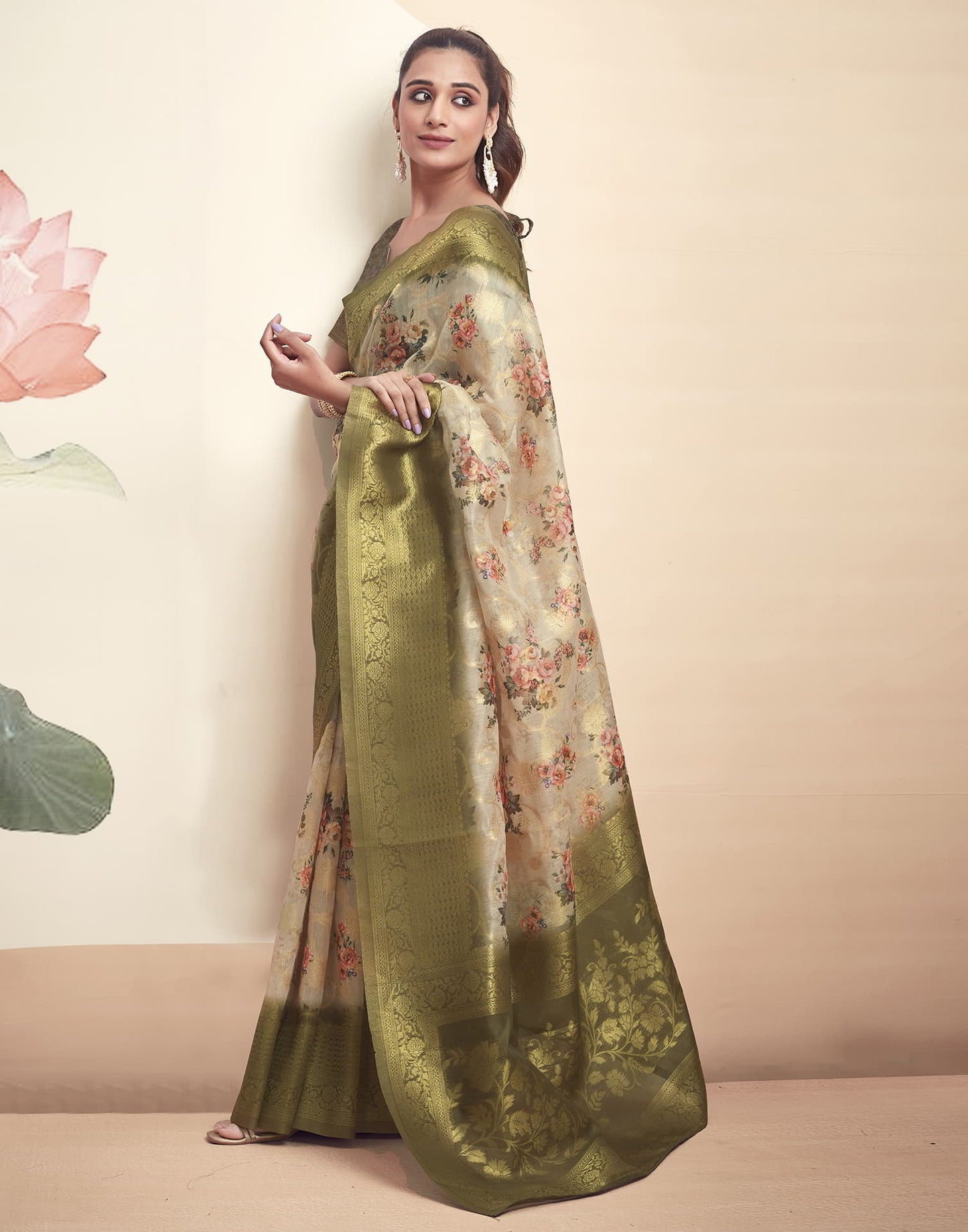 Beige Cotton Printed Saree