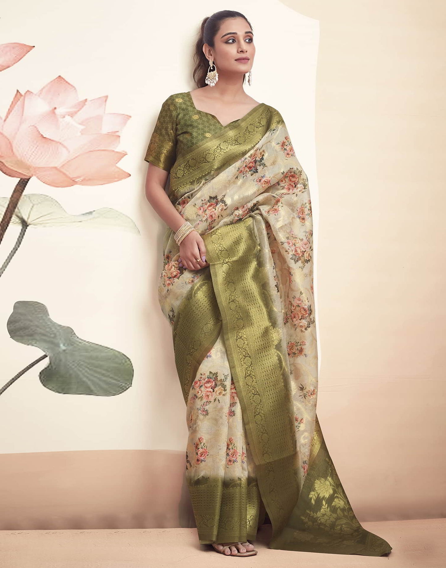 Beige Cotton Printed Saree