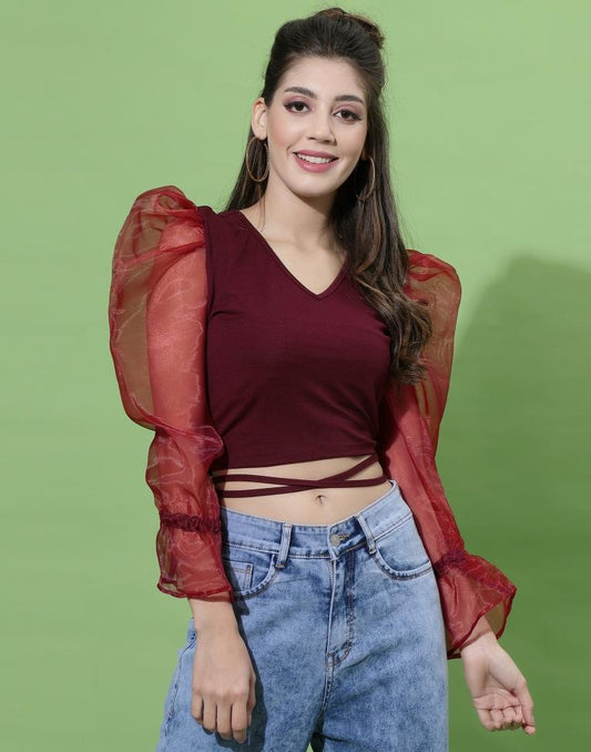 Maroon Puff Sleeve With Strap Top | Sudathi