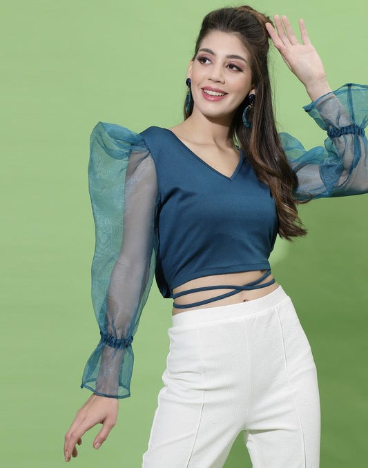 Teal Blue Puff Sleeve With Strap Top | Sudathi
