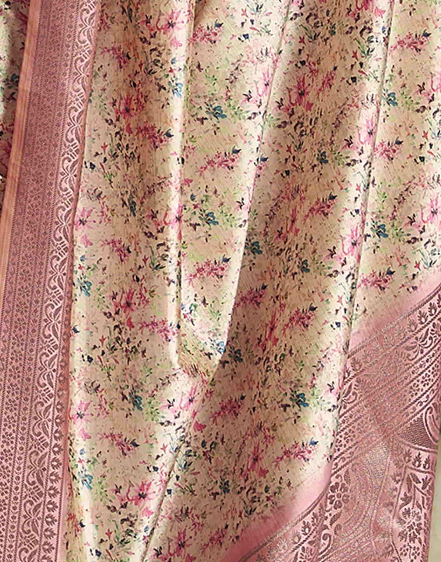 Cream Silk Printed Saree