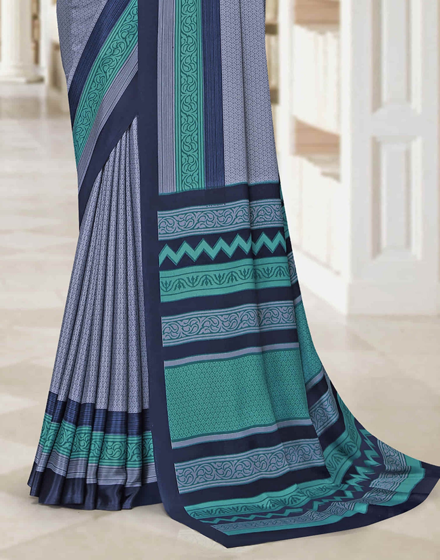 Dusty Blue Polyester Printed Saree