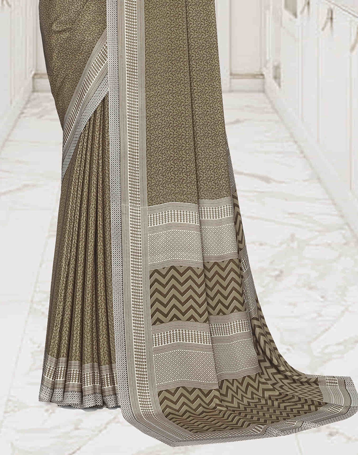 Khaki Polyester Printed Saree