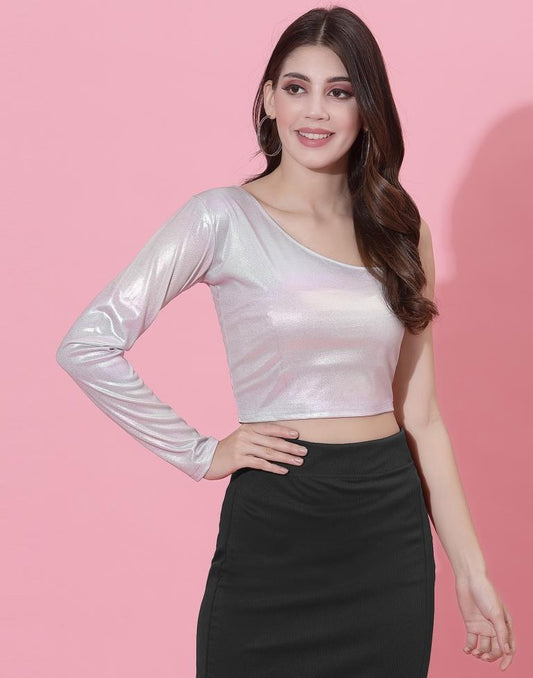 Silver Metallic One Shoulder Crop top | Leemboodi