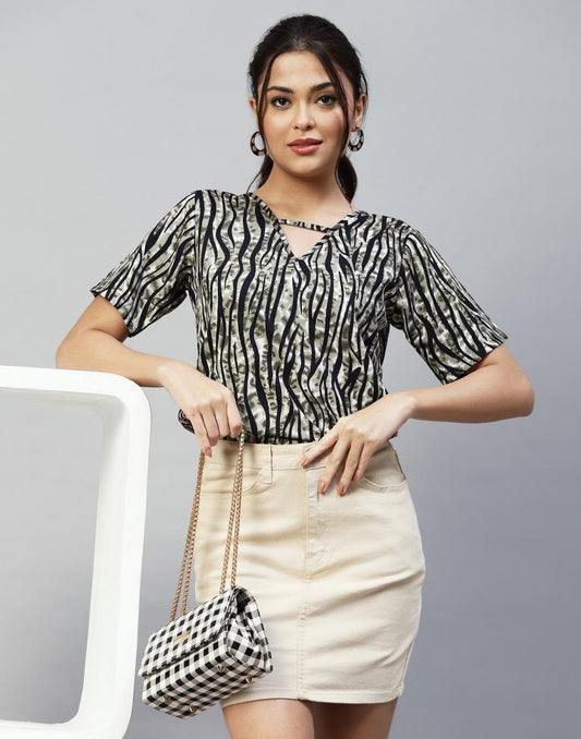 Olive Green And Black Animal Printed Top | Leemboodi