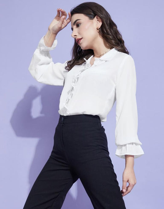 White Elastic Frill Sleeve Shirt | Leemboodi