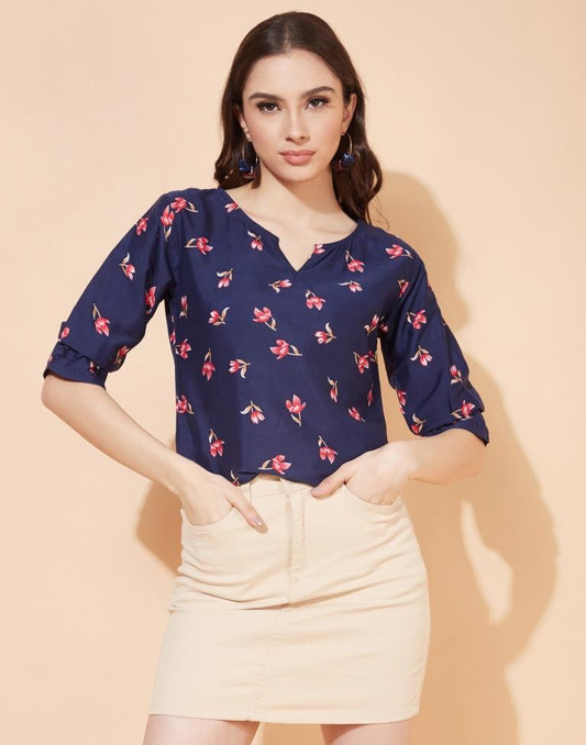Navy Blue Floral Printed Top | Leemboodi