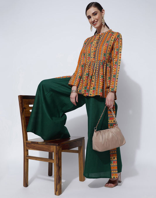 Mustard Printed Cotton A-Line Kurta With Pant