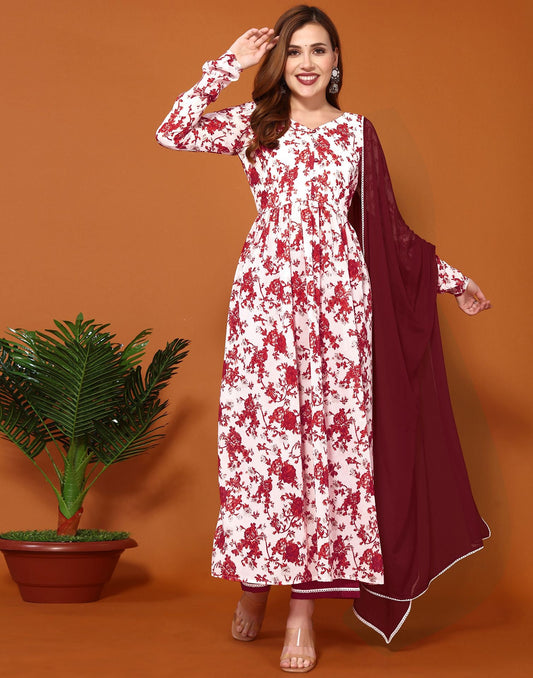 Off-White Printed Georgette A-Line Kurta Set With Dupatta
