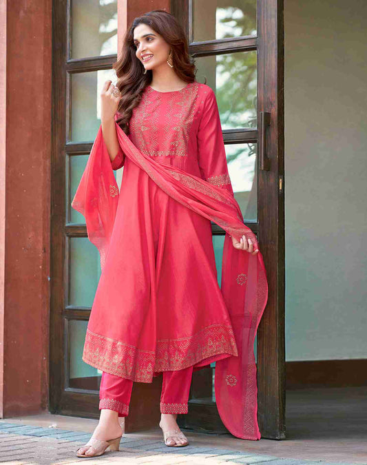 Pink Plain Chinnon A-Line Kurta With Pant And Dupatta