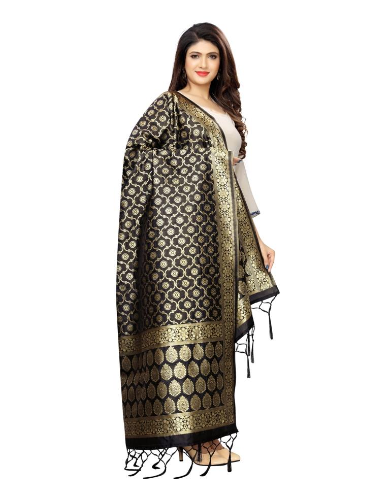 Angellic Black Coloured Poly Silk Jacquard Banarasi Dupatta | Sudathi