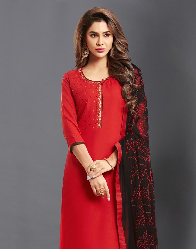 Red Cotton Embroidered Unstitched Salwar Suit | Sudathi