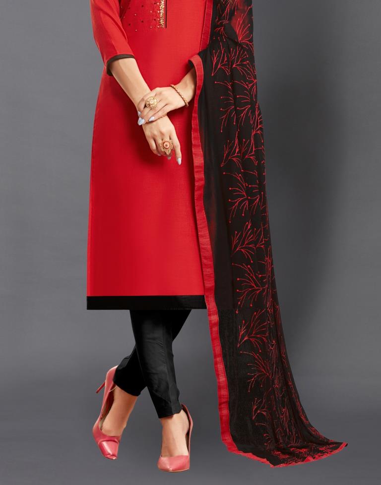Red Cotton Embroidered Unstitched Salwar Suit | Sudathi
