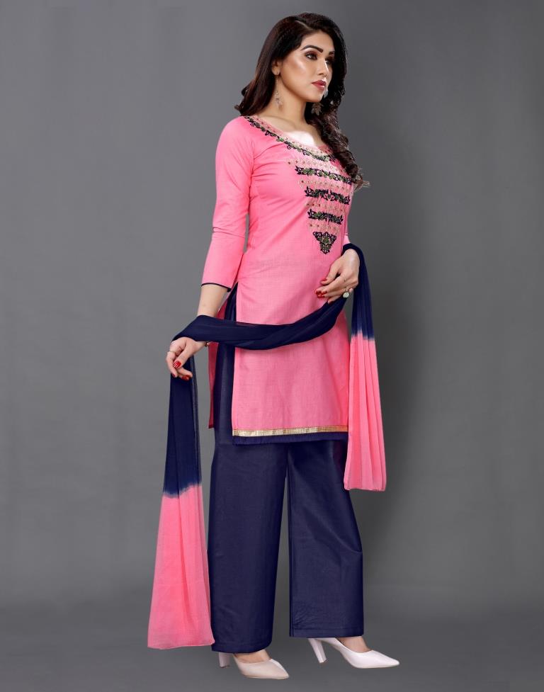 Pink Cotton Embroidered Unstitched Salwar Suit | Sudathi