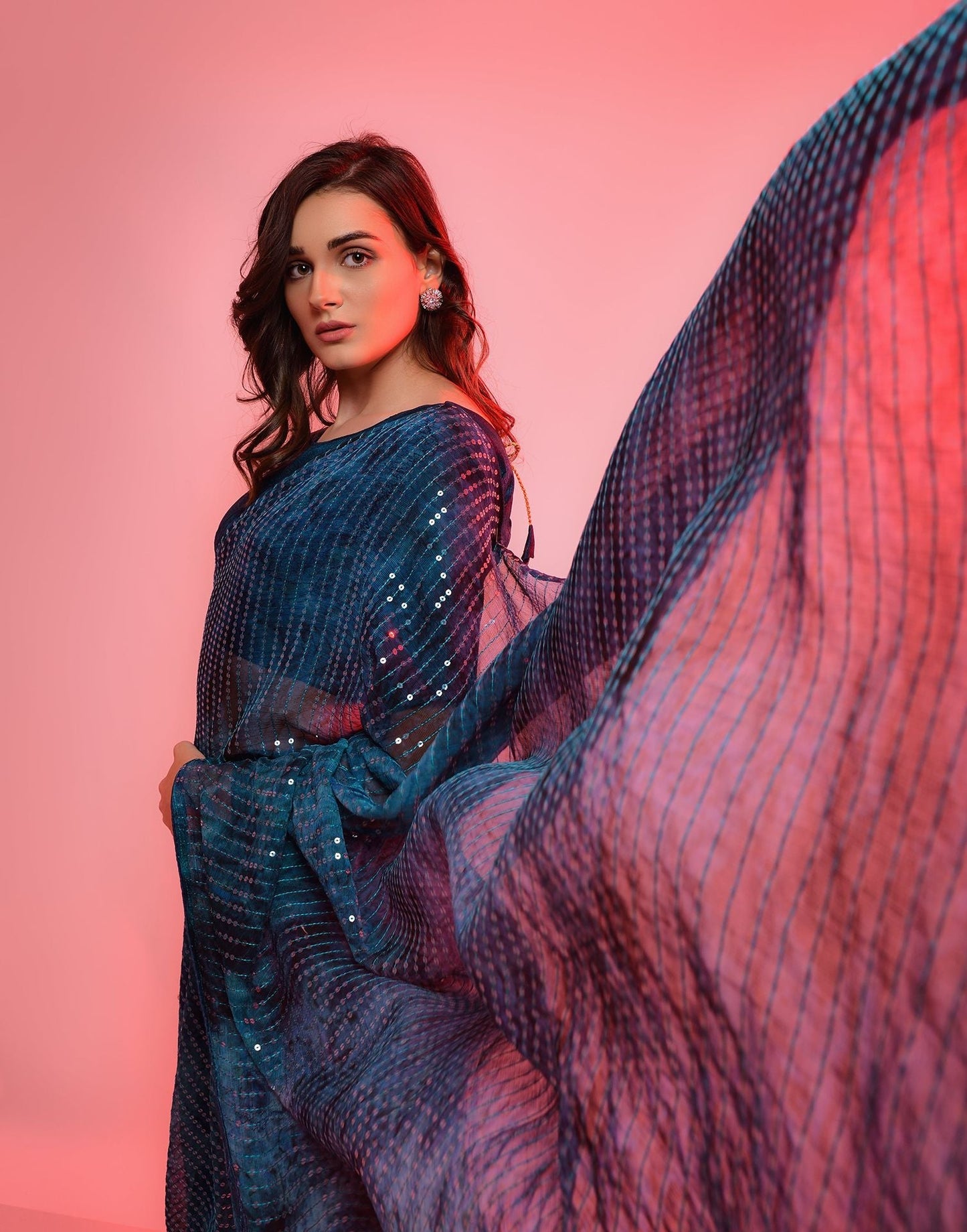 Dark Teal Heavy Chiffon Printed Wth Sequence Saree | Leemboodi